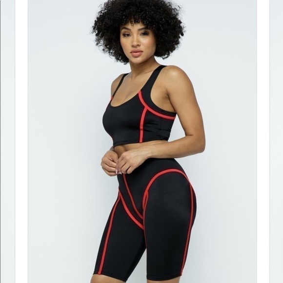 Biker Set. Contrast binding crop tank and biker shorts set. Black and red. Small - Picture 2 of 4